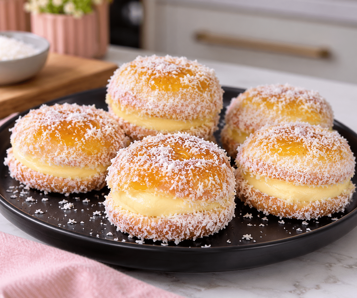 Lamington Custard Burgers